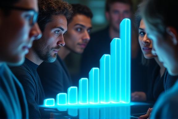 Data scientist analyzing 3D holographic projection of business growth data